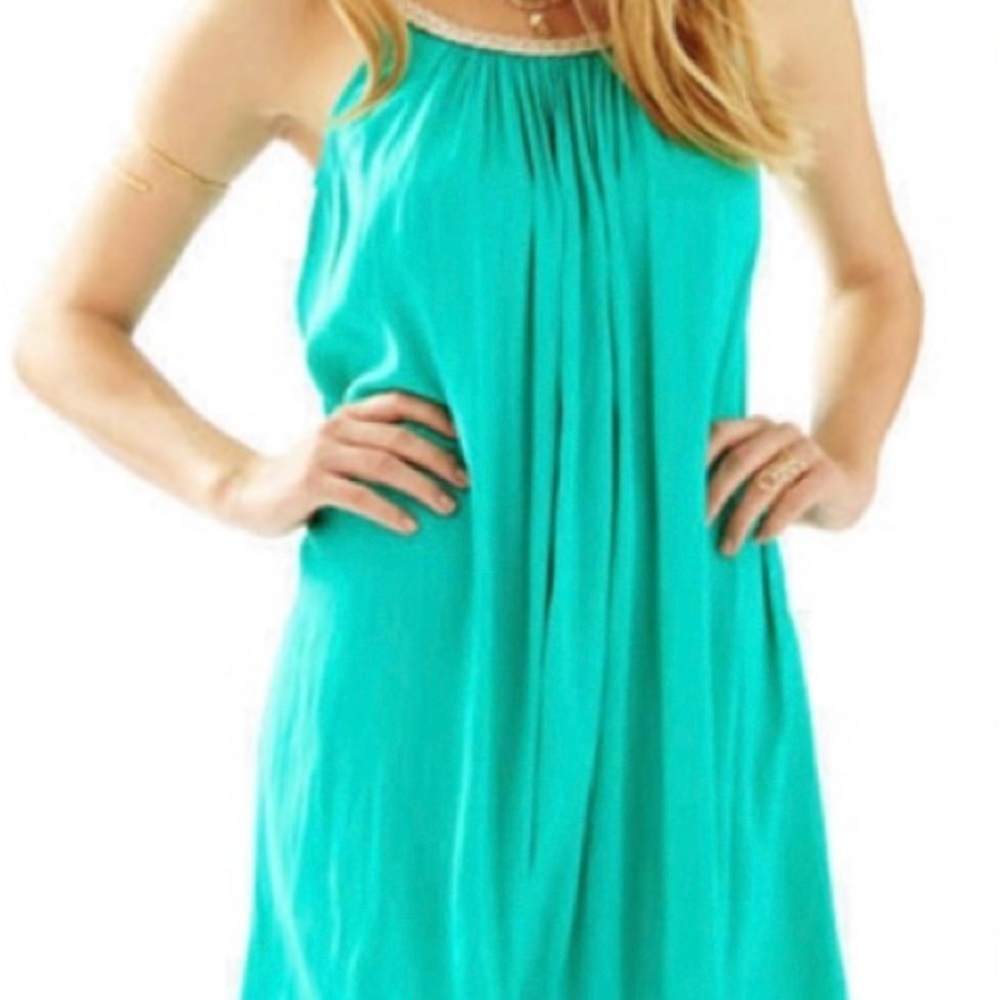 Lilly Pultizer Sienna Lagoon Green Dress with Metallic Gold Braided Trim/ Straps